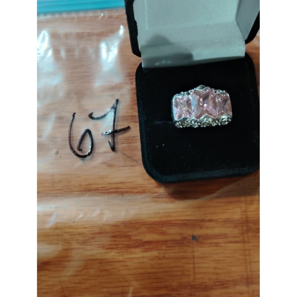 Sterling silver Pink CZ Three Stone Statement Cocktail Ring Ornate Band Size 7.5